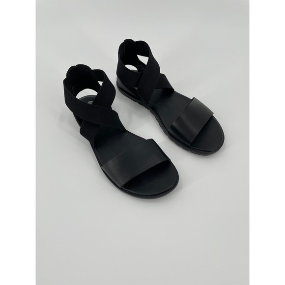 Sorel Shoes - Sorel Ella II Ankle Strap Sandals‎ Black Leather Stretch Chevron Size 7.5